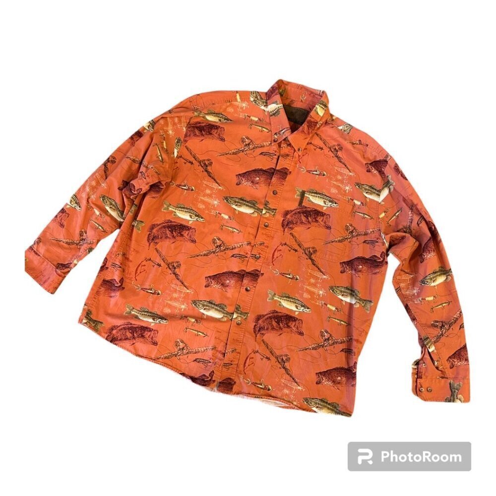 North River Catch of the Day Orange Fish Button Down Size XXL Catfish Lures GORP